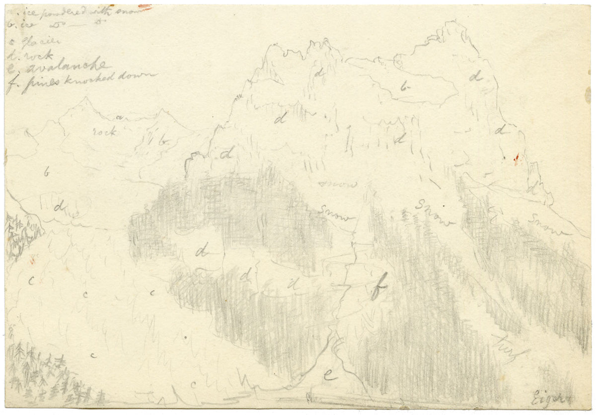 E. Woodville Ricketts, Eiger Mountain with Ice Mapping, Swiss Alps – 1838 graphite drawing