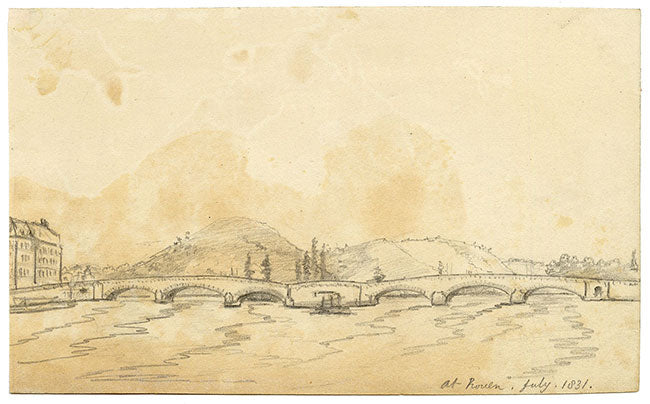 E. Woodville Ricketts, Pont Boieldieu, Original Stone Bridge, Rouen, France – 1831 graphite drawing