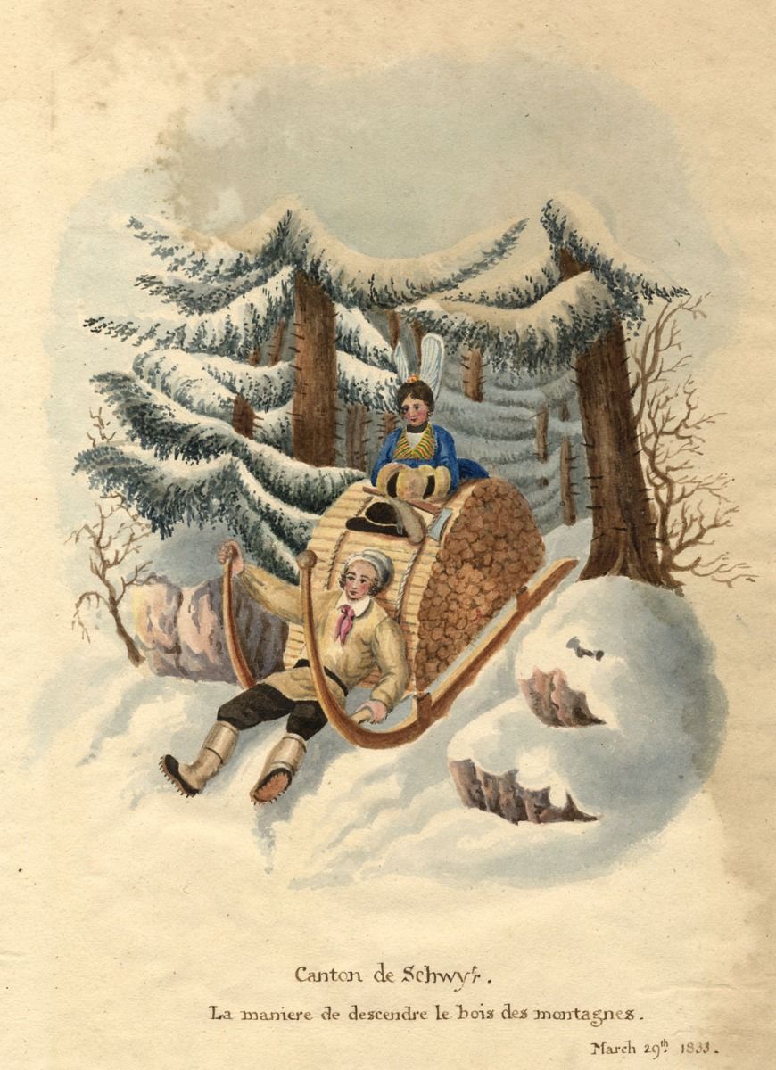 Woodcutter Sledge Canton Of Schwyz Switzerland 1833 Watercolour Painting