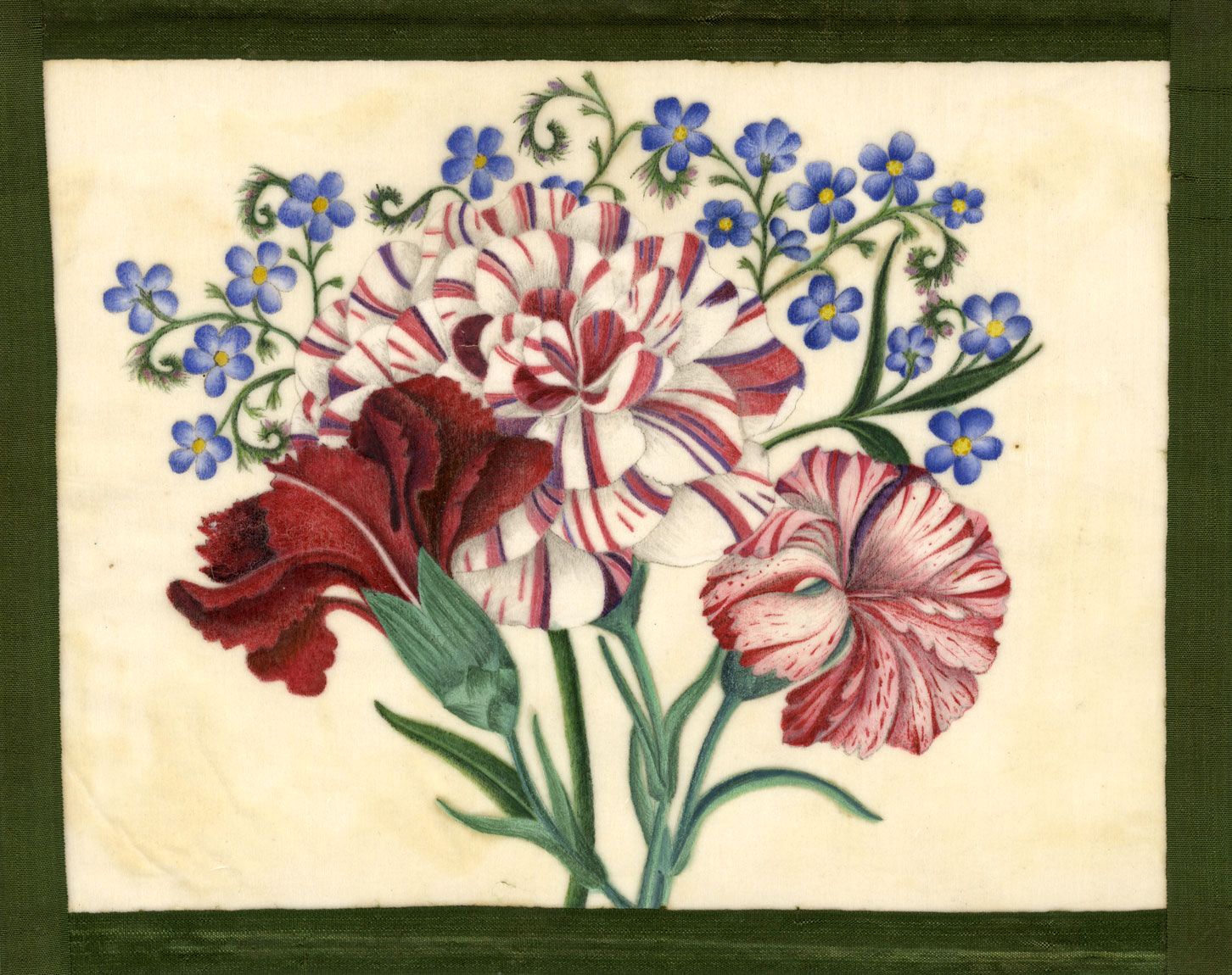 Carnation Forget Me Not Flower Posy Early C19th Painting On Chinese Pith