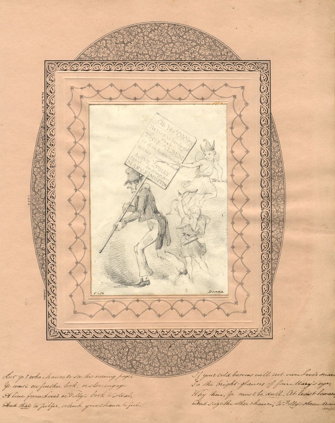 Album Frontispiece Love Or Folly Placard Early 19th Century Graphite Drawing