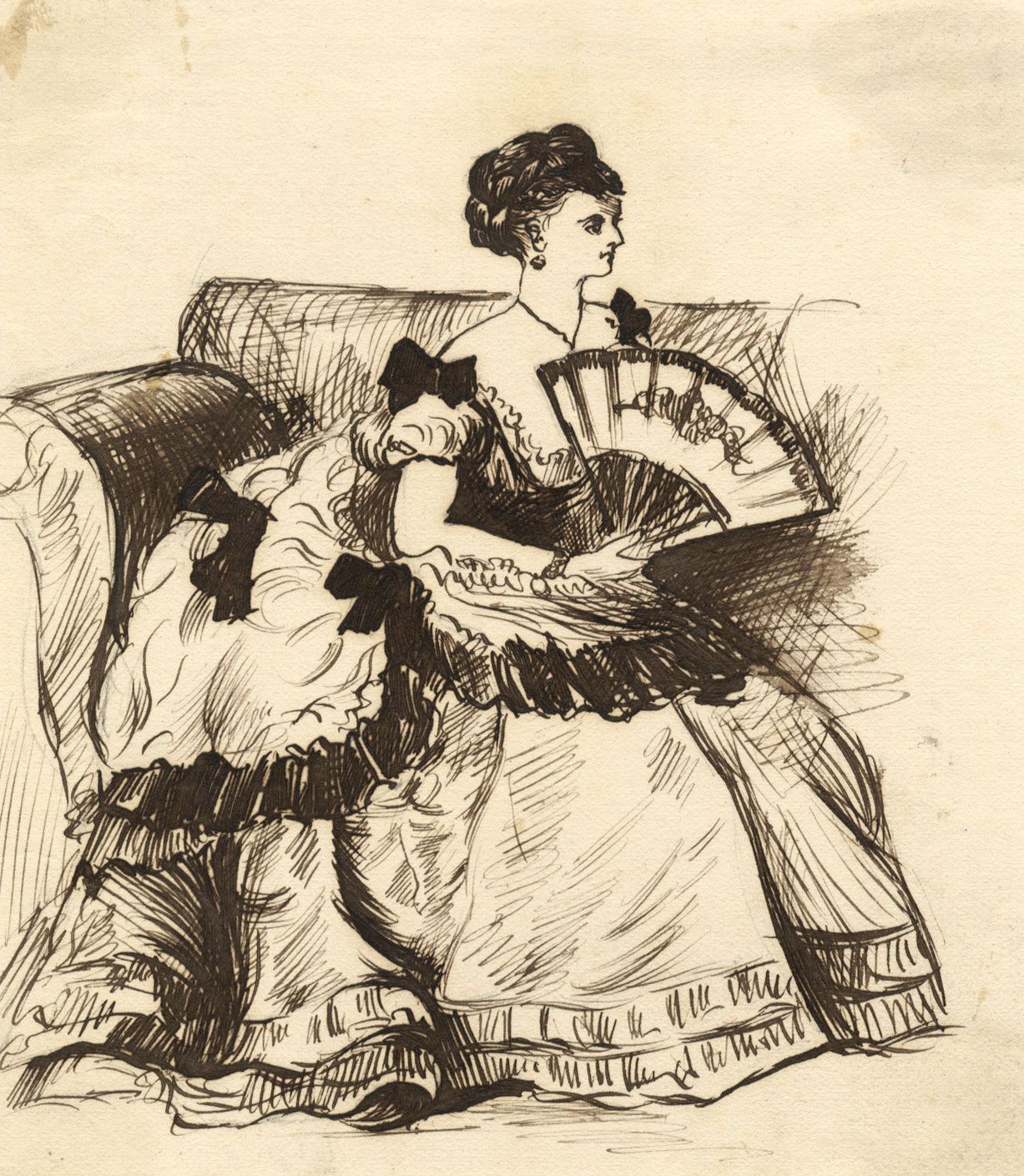 Albert A. Harcourt, Seated Victorian Lady with Fan – 1870s pen & ink drawing