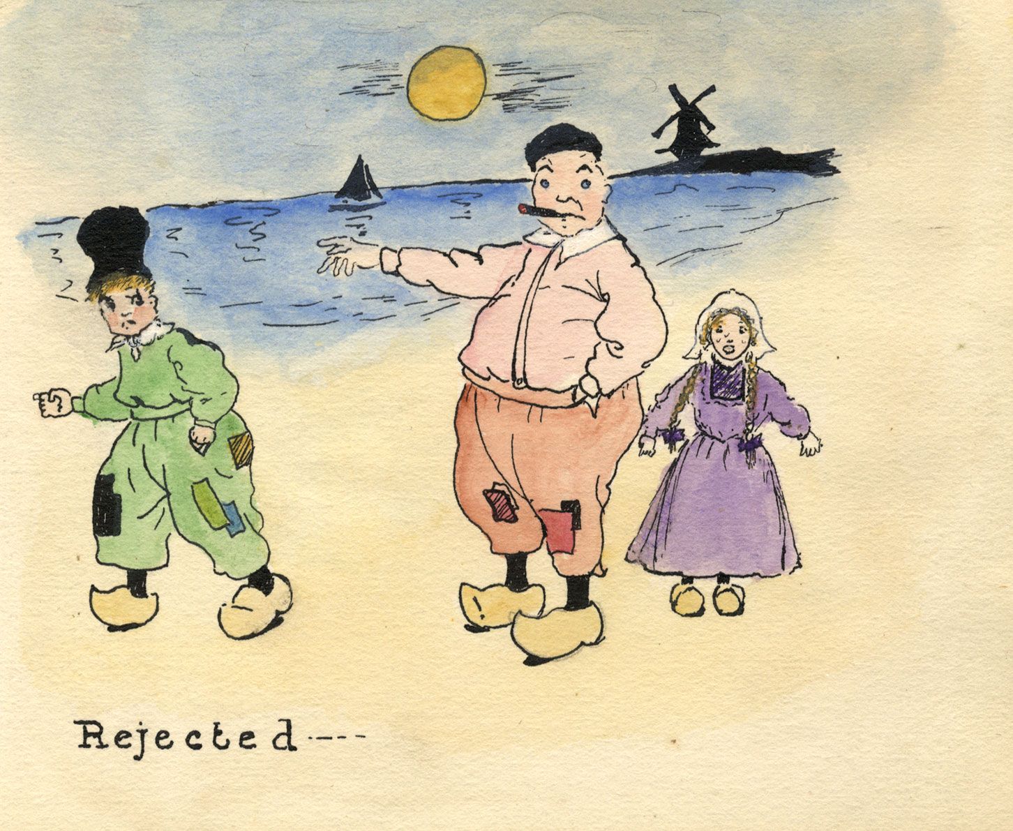Dora Hamilton, Dutch Family on Beach Cartoon – Original  pen & ink  drawing