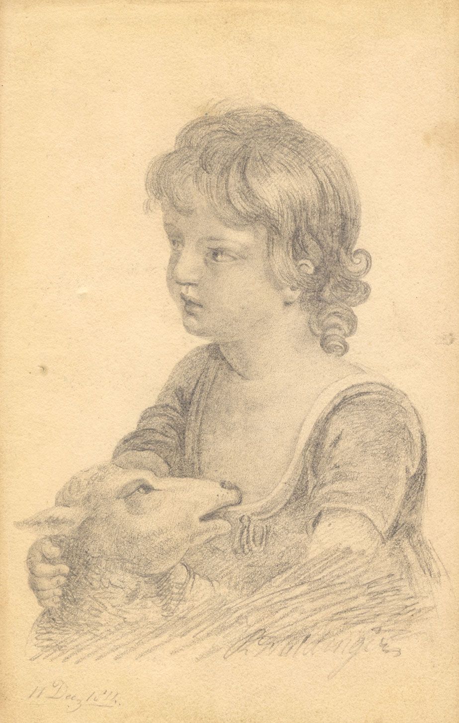 Rudolf Haidinger, Young Girl With Ewe – Original 1814 Graphite Drawing