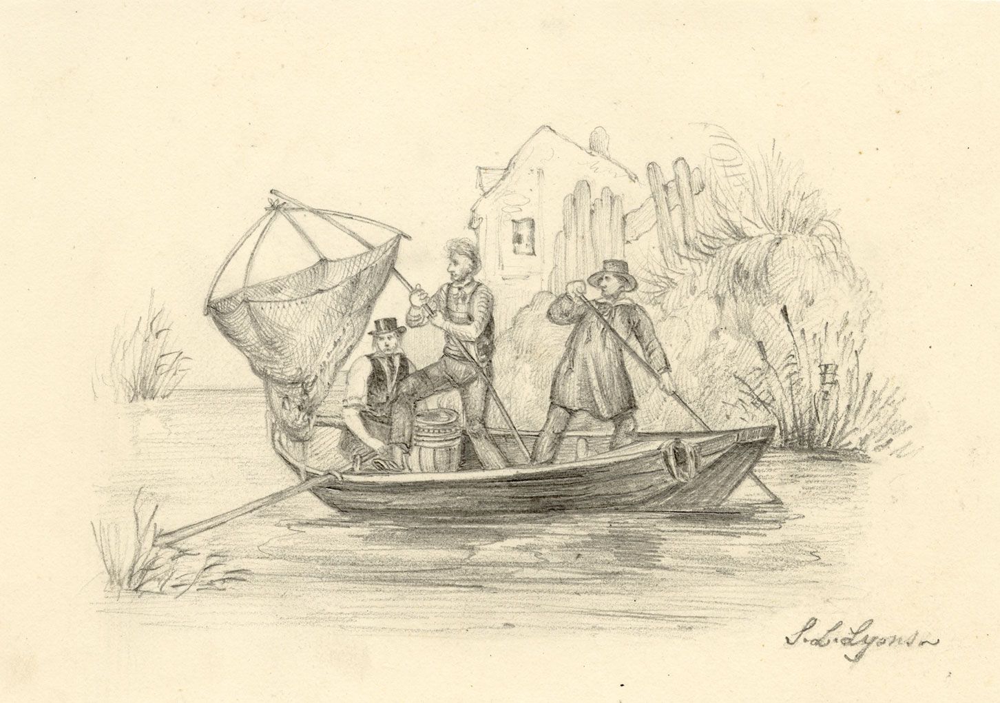 S.L. Lyons, River Fishing on Punt – Original c.1835 graphite drawing