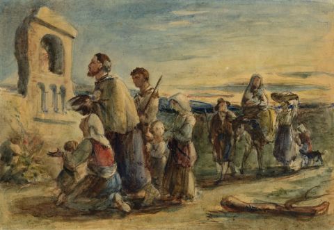 Jesus Feeding the Five Thousand – Original 19th-century watercolour painting